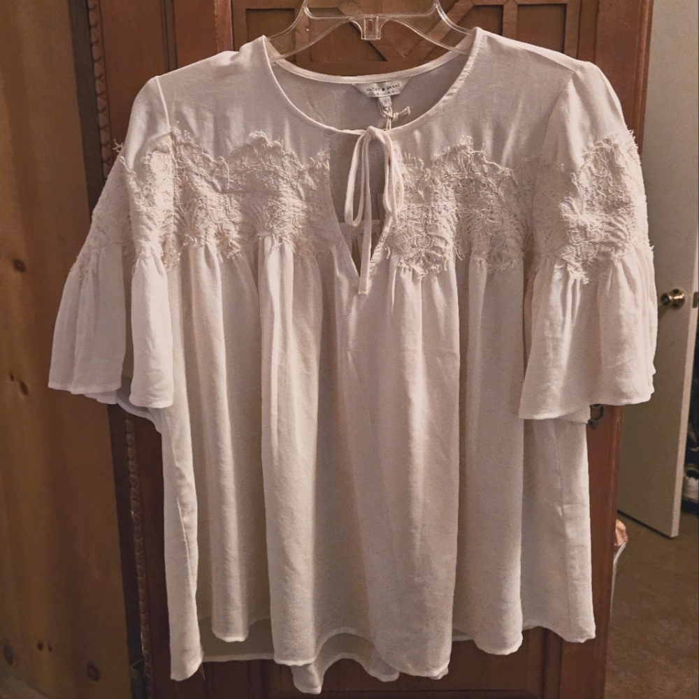 Lucky Brand White Peasant Keyhole Lace Accent Oversized Womens Top Blouse Size S